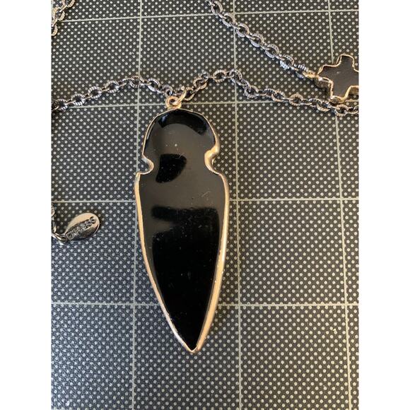 EXPRESS Gold Tone Cross Acrylic Arrowhead Gray Metal Chain Necklace 32”L - Picture 4 of 9